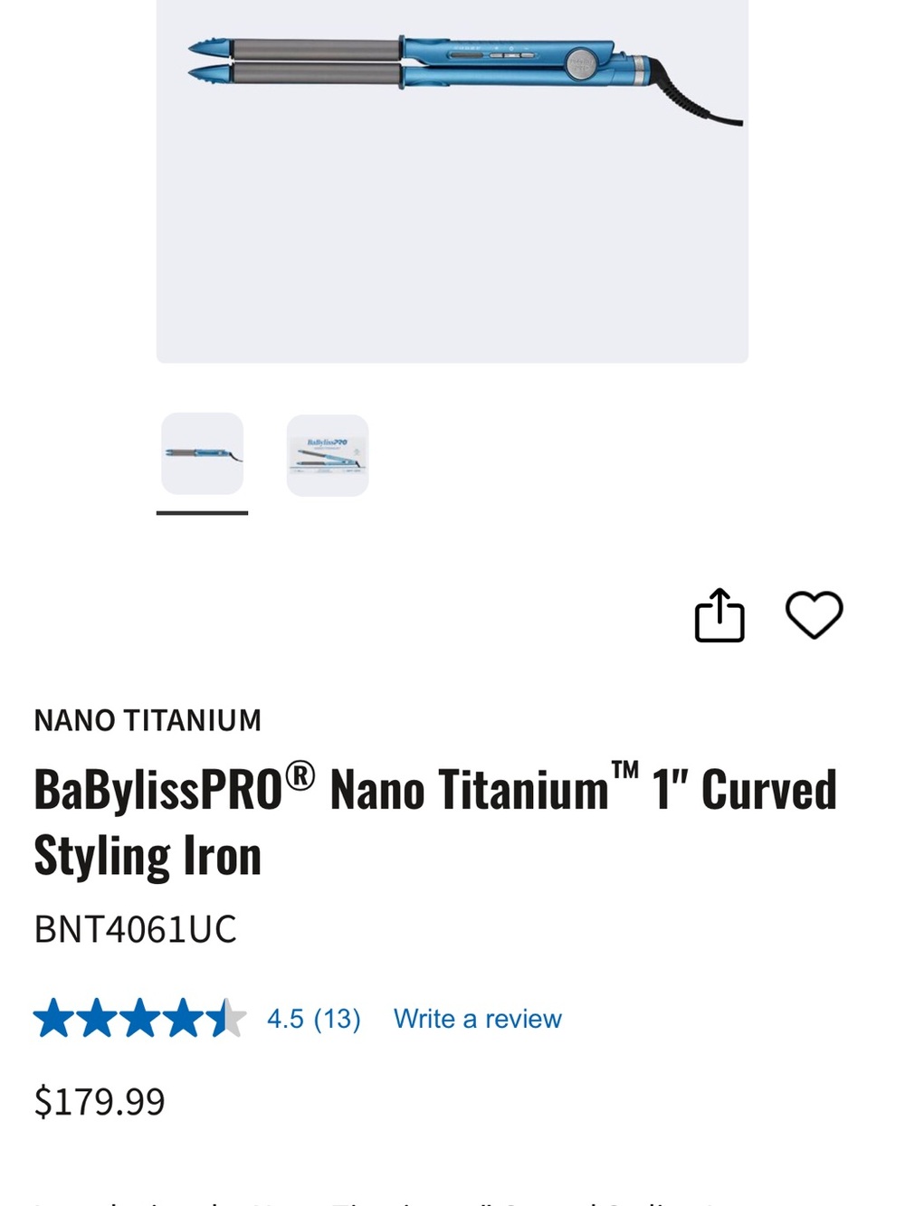 BaBylissPRO Nano Titanium 1" Curved Styling Iron - Blue